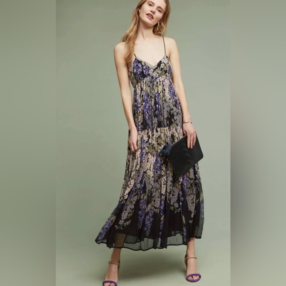 Floreat for Anthropologie Maxi Dress in Black and Purple.